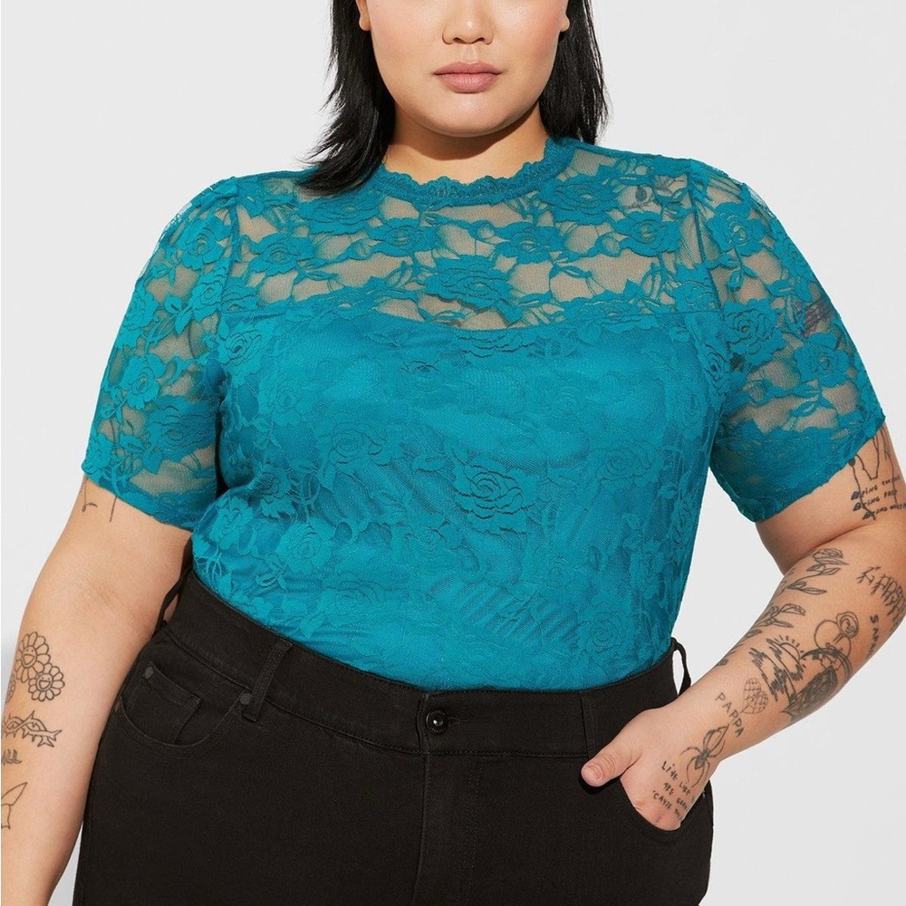 Torrid Teal Stretch Lace Crew Neck Puff Sleeve Top Size 00
